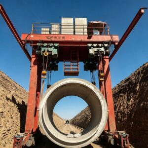 Dedicated pipeline installation crane lowering heavy steel pipe into trench