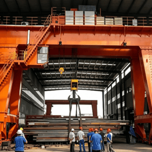 MG double girder hook gantry crane operating in outdoor freight yard