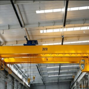 European double girder overhead crane operating in precision assembly workshop