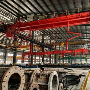 Pipe pile clamp overhead crane lifting concrete pipe pile in yard