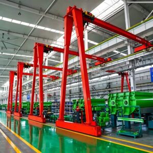 Semi gantry crane operating along industrial workshop runway