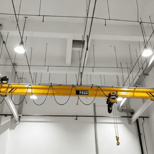 LX single girder underslung overhead crane suspended from workshop roof steel beams