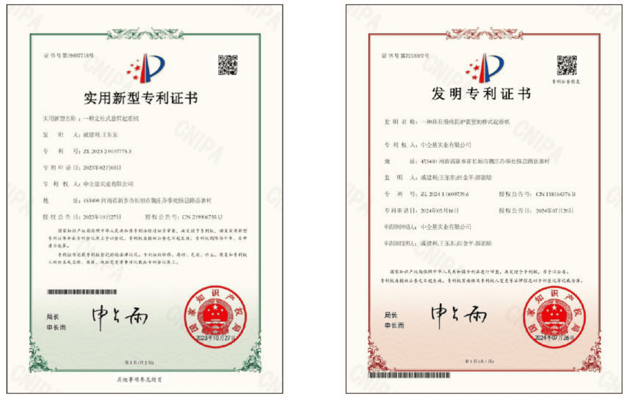 Cranox ISO9001 quality management certificate and patent qualification for lifting equipment