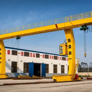 L type gantry crane handling steel pipes in an outdoor freight yard