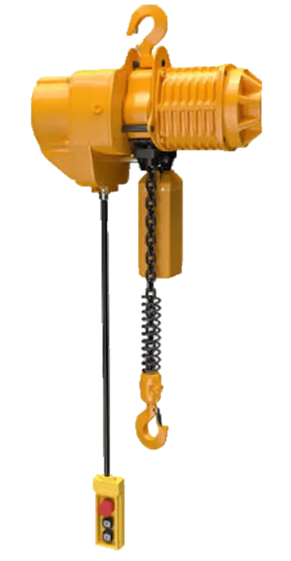 Fixed electric chain hoist suspended on workstation jib crane