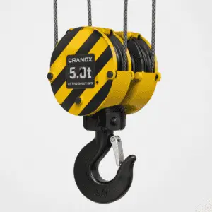 Forged crane hook block assembly with safety latch attached to wire rope sheaves