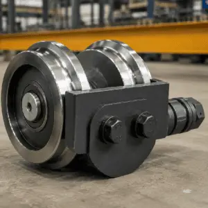 Cranox forged alloy steel crane wheel assembly mounted on runway rail