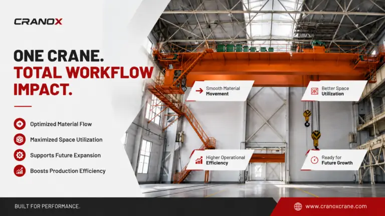 Industrial overhead crane system operating inside a manufacturing workshop layout