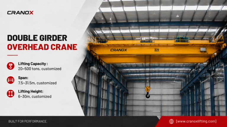 Cranox double girder overhead crane installed on indoor factory runway