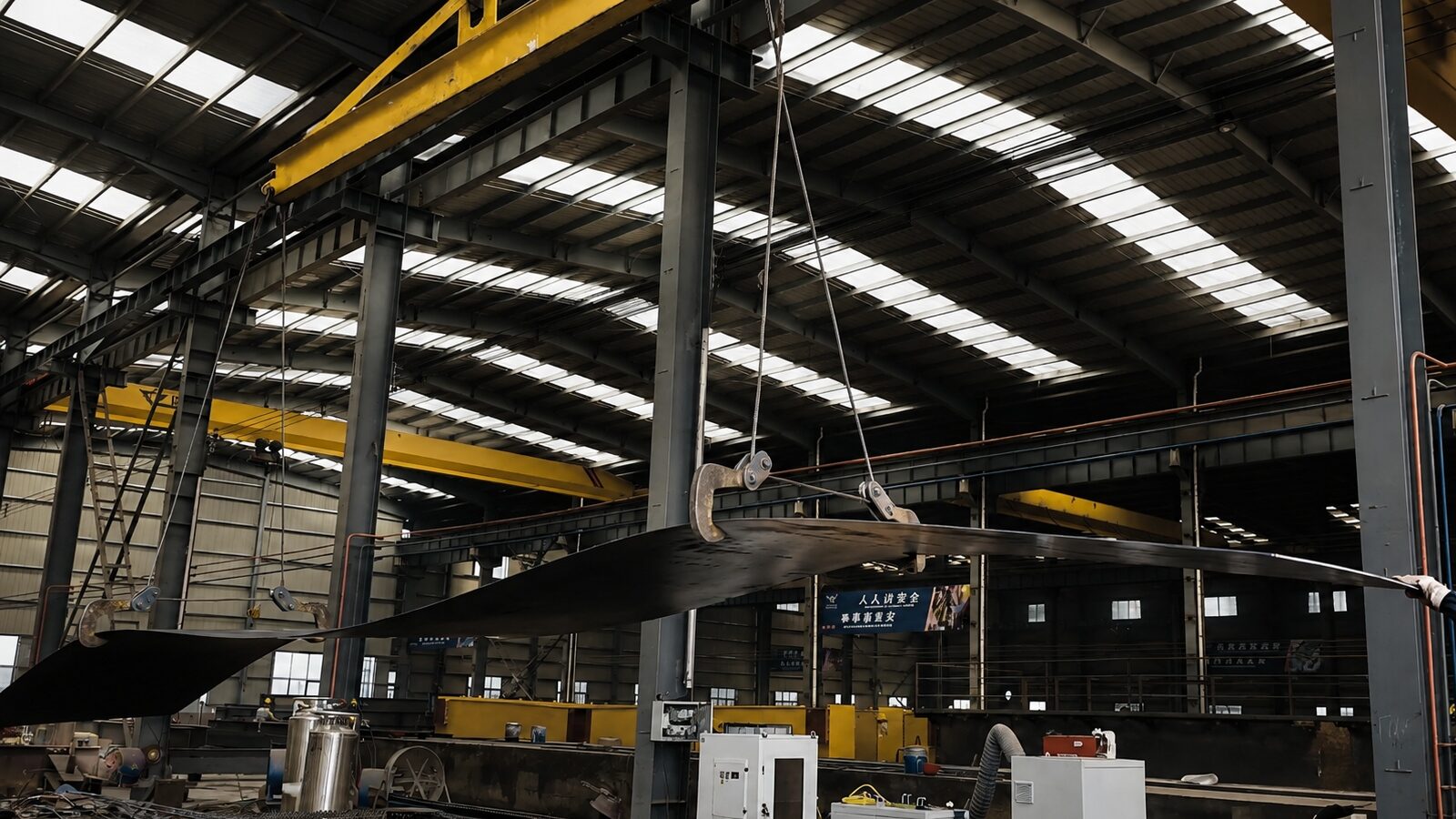 Interior view of Cranox crane production workshop with overhead cranes