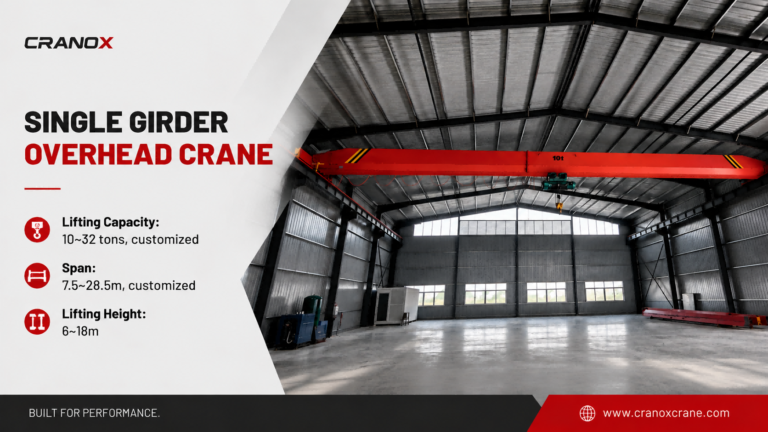 Cranox single girder overhead crane with electric hoist in manufacturing facility