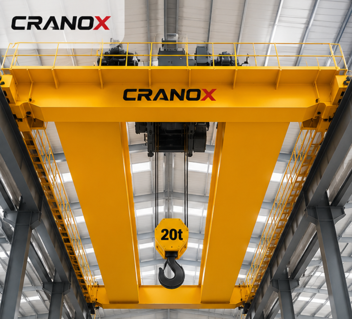 Cranox heavy-duty double girder overhead crane lifting large industrial loads in a steel plant.