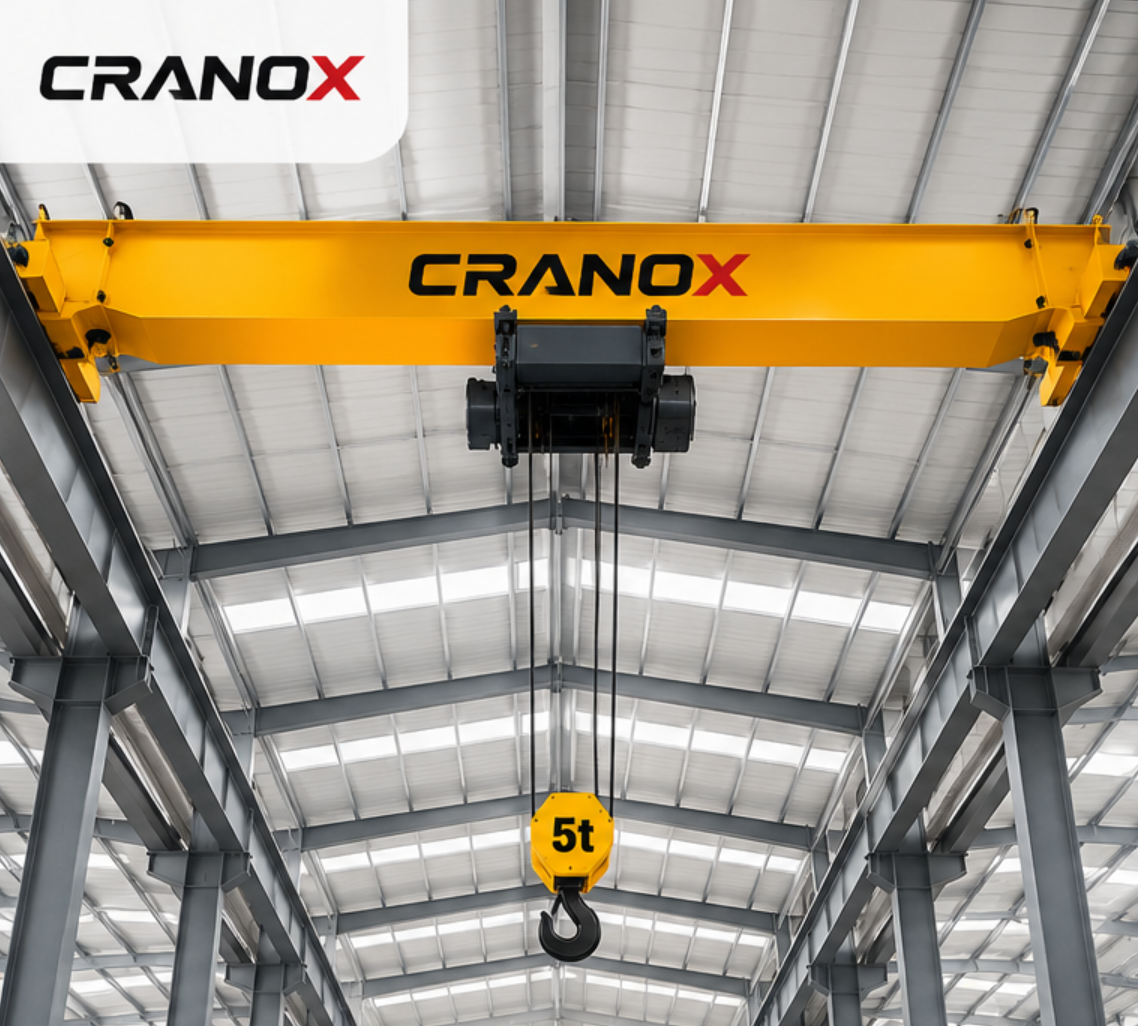 Cranox single girder overhead crane lifting heavy industrial materials in a manufacturing plant.